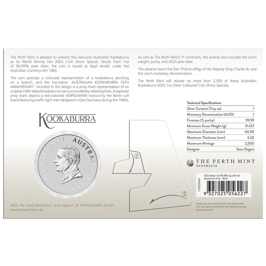 Australia Kookaburra 2025 $1 World Money Fair Coloured 1oz Silver Coin