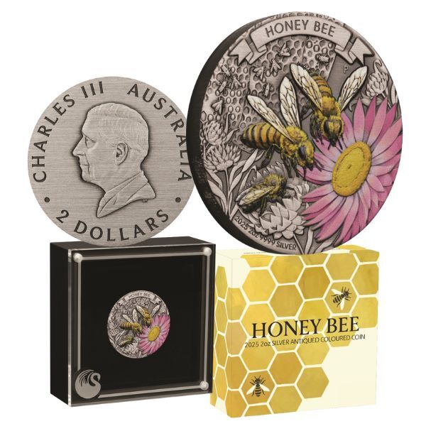 2025 $2 Honey Bee Antiqued Coloured 2oz Silver Coin