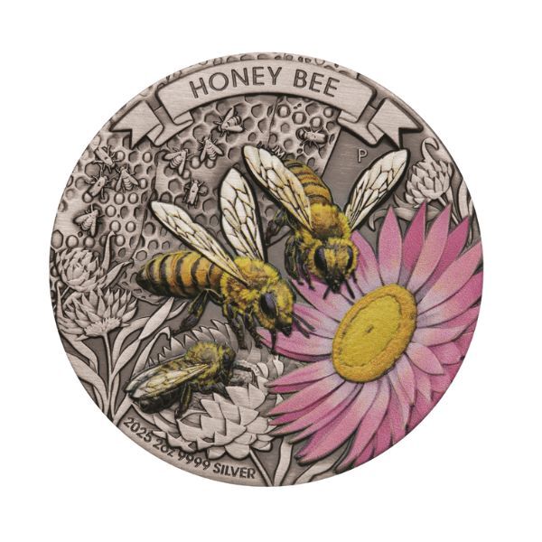 2025 $2 Honey Bee Antiqued Coloured 2oz Silver Coin