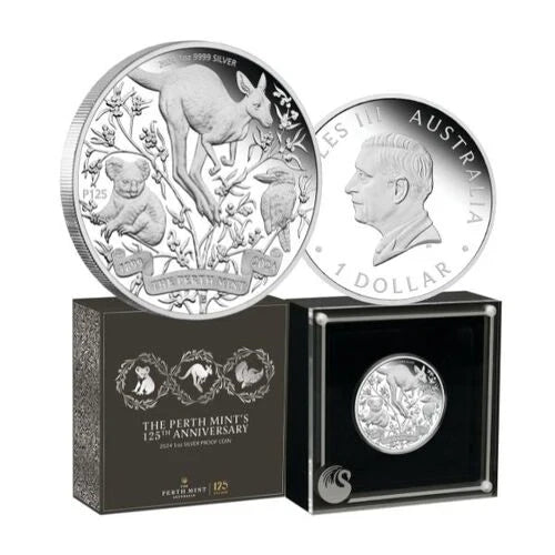 2024 Australia Perth Mint 125th Ann. Kangaroo 4 x 1 oz Silver Typeset Collection