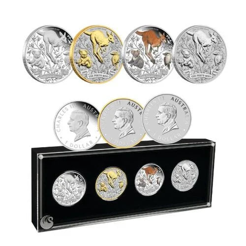 2024 Australia Perth Mint 125th Ann. Kangaroo 4 x 1 oz Silver Typeset Collection